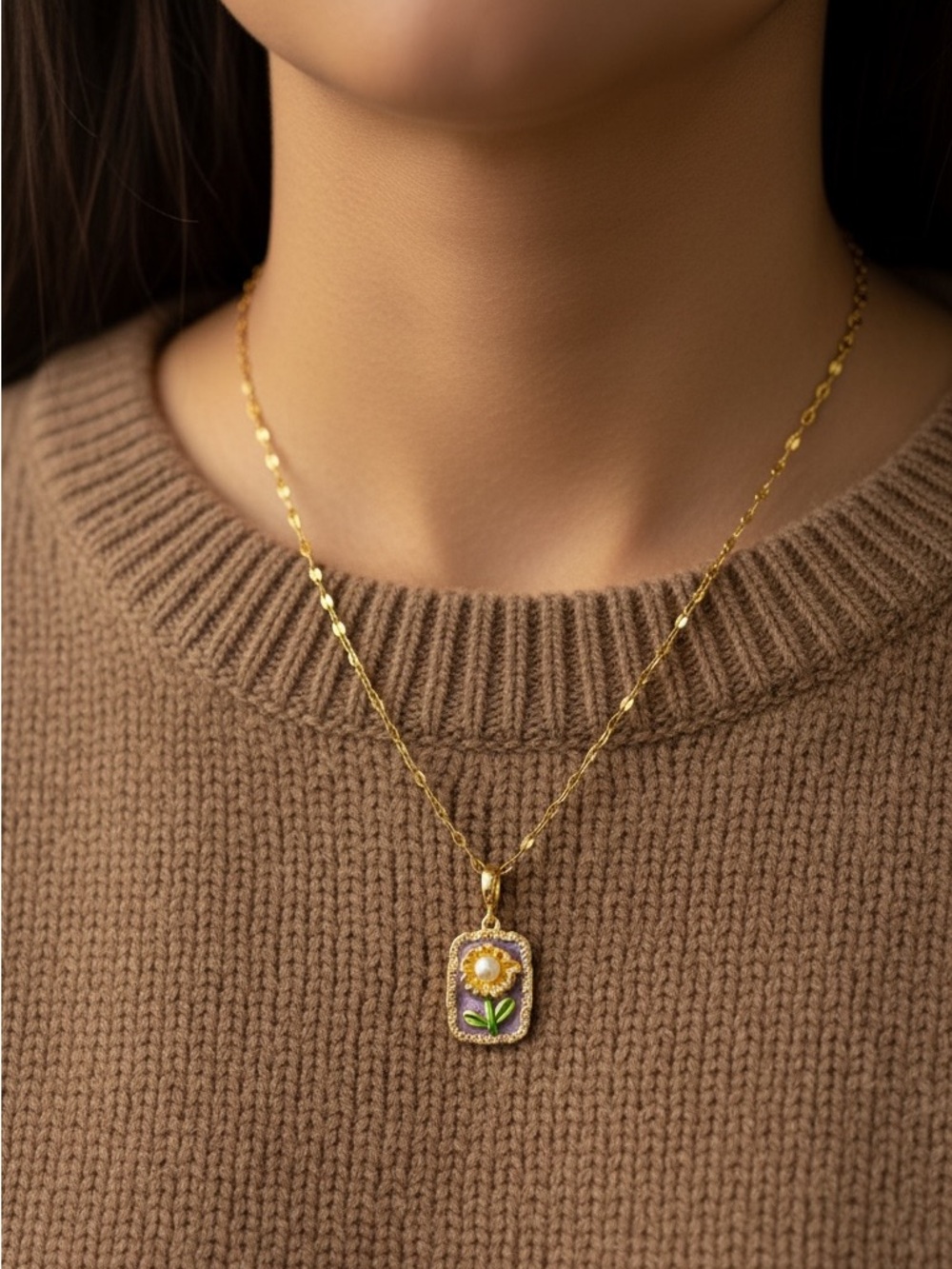 Gold Sunflower inlaid Pearl Art Pendant Necklace in Purple and Green. New. - Picture 3 of 15